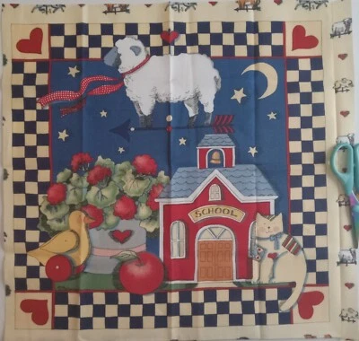 Vintage 1993 - Susan Winget "Country" School, Sheep, Cat  Cotton Fabric Panel - Image 1 of 2