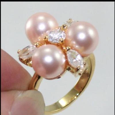 Fashion 18K Gold Plated 8mm South Sea Shell Pearl /Jade Ring Women Rings - Image 1 of 4
