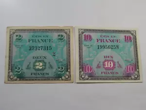 2 1944 WW2 Allied Military Currency FRANCE 2 FRANCS & 10 francs. #22 - Picture 1 of 10