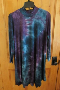EARTHBOUND SIZE M SHEATH DRESS LSLV TIE-DYE RAYON PURPLE TEAL LTWEIGHT FLARE MEX - Picture 1 of 7