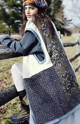 全新 已售完 HTF Free People Ramble 拼布 夏尔巴蓝色背心 全新带标签 L — 第 1/4 张图片