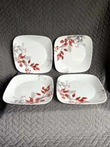4er Set Corelle Kyoto Rot Grau Blätter Quadratisch Mittagessen Mittagessen Salat Teller 9" - Bild 1 von 9