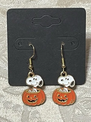 Snoopy Gold Loop Halloween Pumpkin Enamel Drop Dangle Bohemian Fun Earring Set - Image 1 of 3