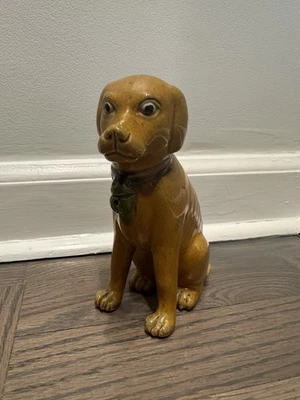 Chinese Famille Verte Biscuit Porcelain Seated Dog Figurine Republic Period 6” - Image 1 of 4