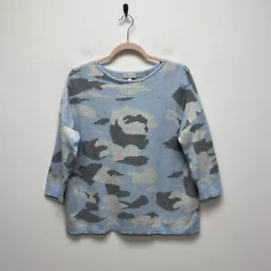 Kinross Cotton Cashmere Blue Gray Camo Round Neck 3/4 Sleeve Pullover Sweater S - Picture 1 of 7