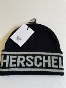 New Herschel Designer Street Style Skater Surfer Logo Beanie Cap Hat Black Gray - Picture 1 of 4