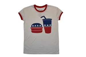 Doe Brand Women's American Burger & Drink Graphic White Ringer Shirt New L - Picture 1 of 5