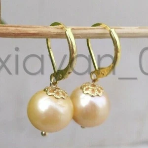 10-11mm Round South Sea Natural Golden Pearl Real Pearl Earrings 14k Gold P - Picture 1 of 7