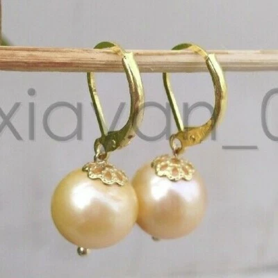 10-11mm Round South Sea Natural Golden Pearl Real Pearl Earrings 14k Gold P - Image 1 of 4