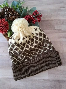 Handmade Knit Fair Isle Hat with Cuff and Pompom, 100% Wool - Unisex L - Picture 1 of 4