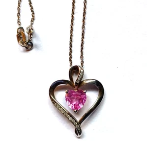 Vintage .925 Sterling Silver Pink CZ Heart & Diamond Chip Necklace - Picture 1 of 4