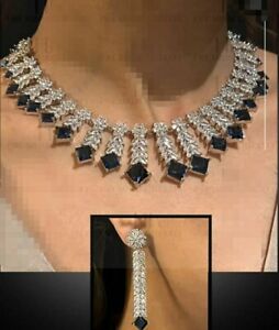 Bollywood Style Indian Silver Plated CZ AD Choker Necklace Blue Jewelry Set