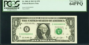 Fr.3001-E 2013 $1 Fancy 00000800 Federal Reserve Note Dollar PCGS 64PPQ - Picture 1 of 2