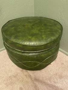 Vintage Allied Round Pouf Ottoman Green Vinyl MCM Footstool w/Casters 13”H - Picture 1 of 12