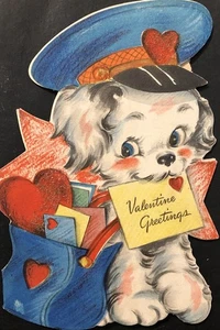 Vintage Valentinstag Grußkarte entzückender Welpe Hund Postbote Hut Tasche mit Valentinstag - Bild 1 von 3