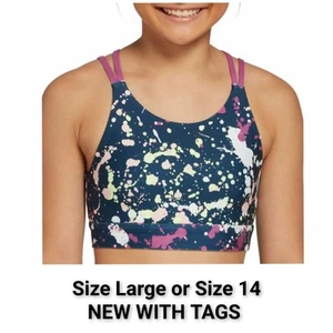 DSG High Neck Performance Sports Bra Girls Large 14 Navy Purple Splatter NEW NWT - Picture 1 of 7