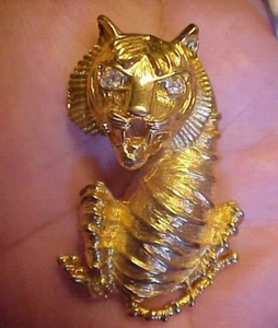 VINTAGE TIGER BROSCHE KLARE AUGEN STRASS GOLDFARBEN - Bild 1 von 5