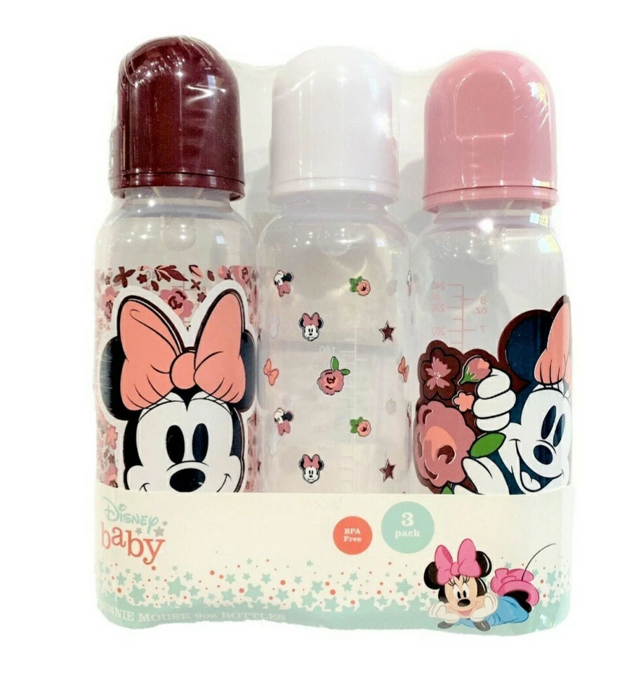3 PACK DISNEY BABY MINNIE MOUSE 9oz BOTTLE SET. BURGUNDY/WHITE/PINK - Image 1 of 1