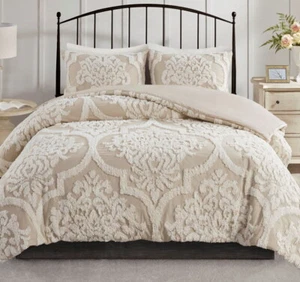 BEIGE CHENILLE 3pc King COMFORTER SET : IVORY CREAM COTTAGE VINTAGE PLUSH - Picture 1 of 9