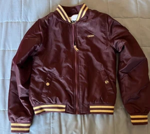 DKNY Bomber Maroon Jacket Faux Fur Lining Full Zip Girls Youth Size 10/12 - Picture 1 of 4