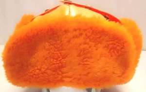 Vtg Hunter Trapper Faux Fur & Vinyl Hat Cap BLAZE ORANGE w/Ear Flaps Size M - Picture 1 of 10