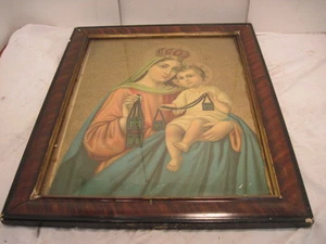 VINTAGE RELIGIOUS VIRGIN MARY HOLDING BABY JESUS TIGER WOOD FRAME - Picture 1 of 8