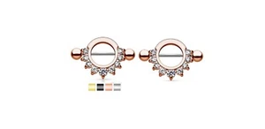 Pair Pronged Gem Half Circle Nipple Shields Rings Barbells Body Jewelry - Picture 1 of 5