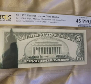 ERROR 1977 $5 Five Dollar Federal Reserve Note  MAJOR INK SMEAR - PCGS 45 PPQ! - Picture 1 of 4