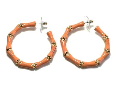 KENNETH JAY LANE, 1.5" INCHES, CORAL ENAMEL PIERCED HOOP WITH GOLD ACCENTS - Image 1 of 3