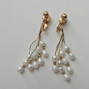 Pendientes colgantes vintage de perlas rellenas de oro de 14k 1/20 con clip - Imagen 1 de 8