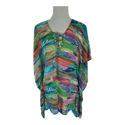 Lauren Ralph Lauren女式s/m束腰外衣长衫五颜六色的轻便游泳罩 — 第 1/4 张图片