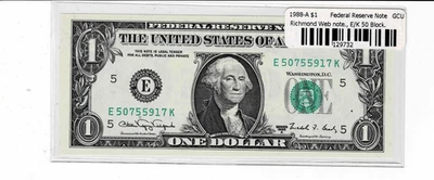 1988A $1 Federal Reserve 'WEB' note--fr.1917-E--Run 8 plate 4/6--UNC - Image 1 of 2
