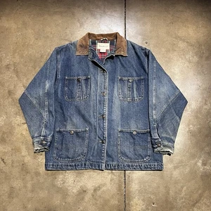Vintage Denim Chore Jacket Mens Medium Blue Barn Coat Plaid Lined Faded Work 90s - Picture 1 of 10