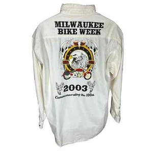Camicia Milwaukee Bike Week 2003 Vintage Y2K Avorio con bottoni Uomo Taglia Large - Foto 1 di 7