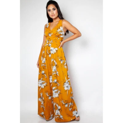 Voodoo Vixen Vintage Retro Jumpsuit Playsuit - Eden Floral Ockergelb - Bild 1 von 4