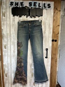 Women's ABS by Allen Schwartz Floral & Gold Lace Flare Jeans Size 29 Y2K Vtg - Picture 1 of 7