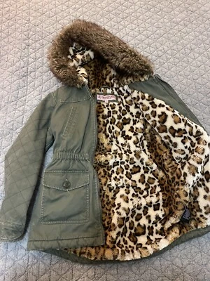 URBAN REPUBLIC Parka Coat Jacket Size 12 Girls Leopard Fur Lines Military Green - Image 1 of 4