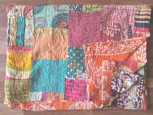Patchwork Kantha Quilt Artisan Hand-Stitched Reversible Recycled twin Blanket  - Picture 1 of 3