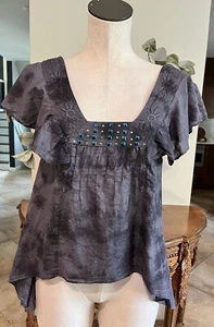 free people Y2K woman’s XS gray embroidered cotton halo him flutter sleeve top C - Picture 1 of 7