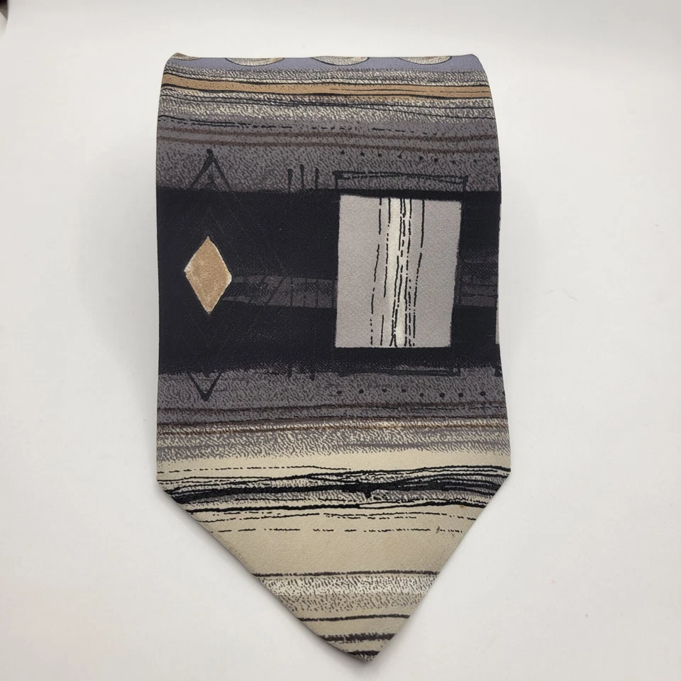 Gravata masculina Gianfranco Ruffini 100% preta cinza seda geométrica 58" x 3,75 - Imagem 1 de 4