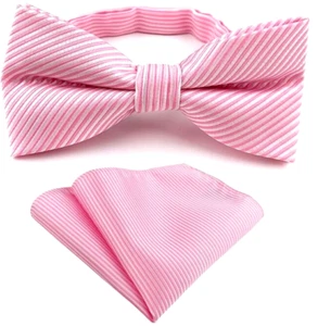 Mens Pre-Tied adjustable Bow Tie Striped Pink White Silk Bowtie Hanky Party - Picture 1 of 1