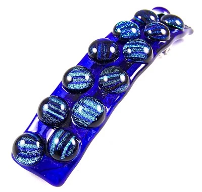 Dichroic Glass Barrette Blue Polka Dotted Recycled Striped 3.5" 90mm Hair Clip - Image 1 of 4