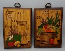Vintage 2 Wood Plaques MCM Handpainted Carved Canning Ball Jar Mushroom Veggies 
