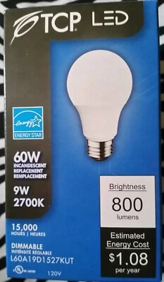 NEW TCP LED 9 Watts 60W INCANDESCENT 15,000 HOURS 800 lumens Brightness Dimmable - Image 1 of 2
