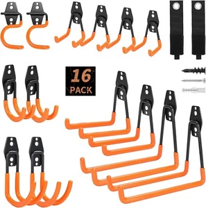 16 Pk Garage Hooks Wall Mount Storage W/ Extention 2 Cord Straps for Bike Ladder - Picture 1 of 7