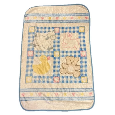 VTG OWEN Lamb Bunny Duck Bear Plush Baby Blanket Gingham Hearts Pastel Blue Pink - Image 1 of 2