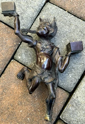 Antiguo Candelabro Figura Demonio Oni Bronce Japonés Meiji Foto 1 de 4