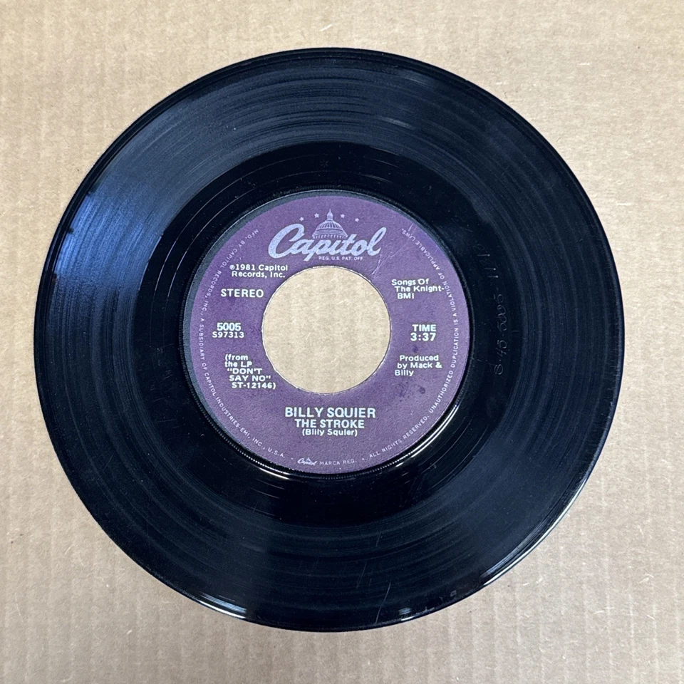45 об/мин винтажный 7-дюймовый виниловый музыкальный автомат с одним хитом Billy Squier The Stroke - Изображение 1 из 1