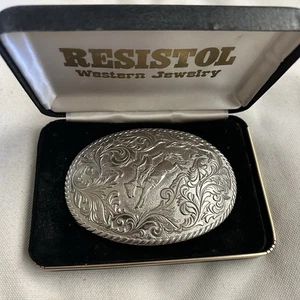 Vintage Resistol Western Belt Buckle Cowboy Horse Rider Rare w/ Box - Picture 1 of 4
