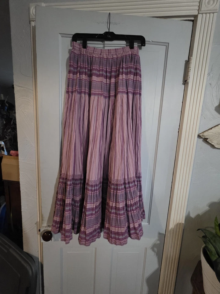 Falda Larga Vintage en Niveles Talla Pequeña Rosa/Púrpura Cintura Elástica Boho Hippie Años 70 Foto 1 de 3